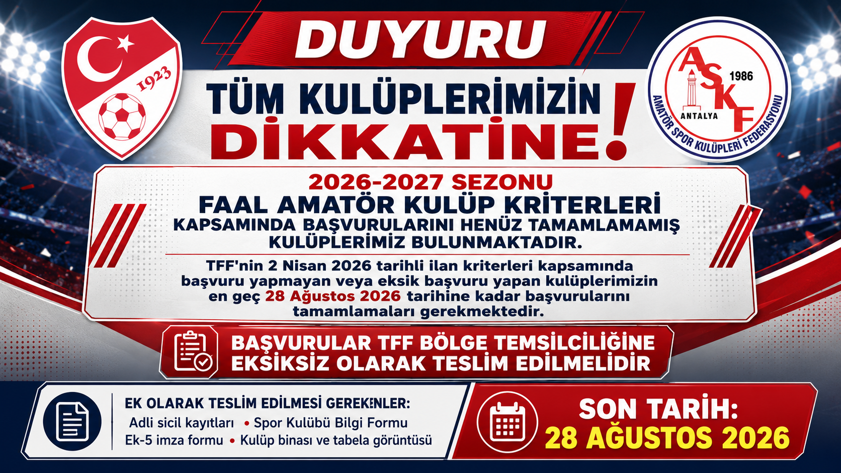 2026/2027 SEZONU FAAL AMATÖR KULÜP KRİTERLERİ HAKKINDA BİLGİLENDİRME!!