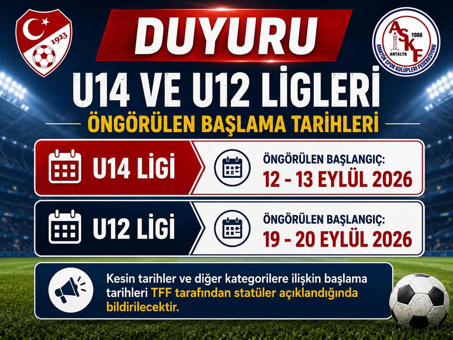 U14 ve U12 Ligleri Öngörülen Başlama Tarihleri Hakkında Bilgilendirme
